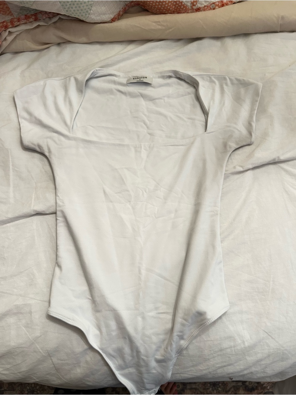 Babaton White Square-Neck Short Sleeve Bodysuit